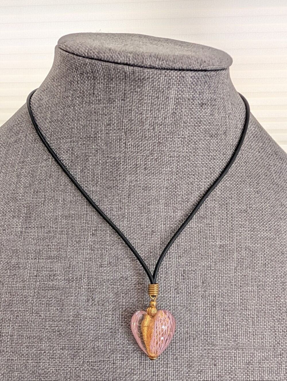 Vintage Murano Art Glass Style Heart Boho Unique Rare Feminine Cord Necklace